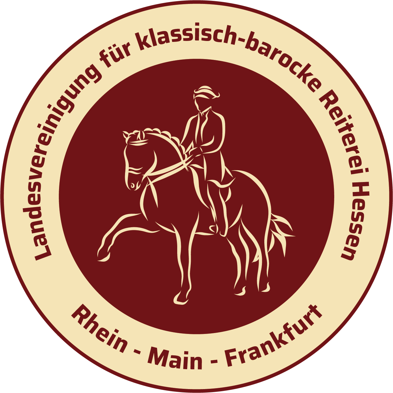 Vereinslogo: rundes Siegel mit Reiter zu Pferd und der Umschrift „Landesvereinigung für klassisch-barocke Reiterei Hessen, Rhein-Main-Frankfurt“.